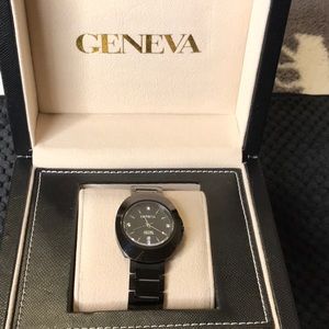 Ladies black ceramic Geneva watch with 4 diamonds